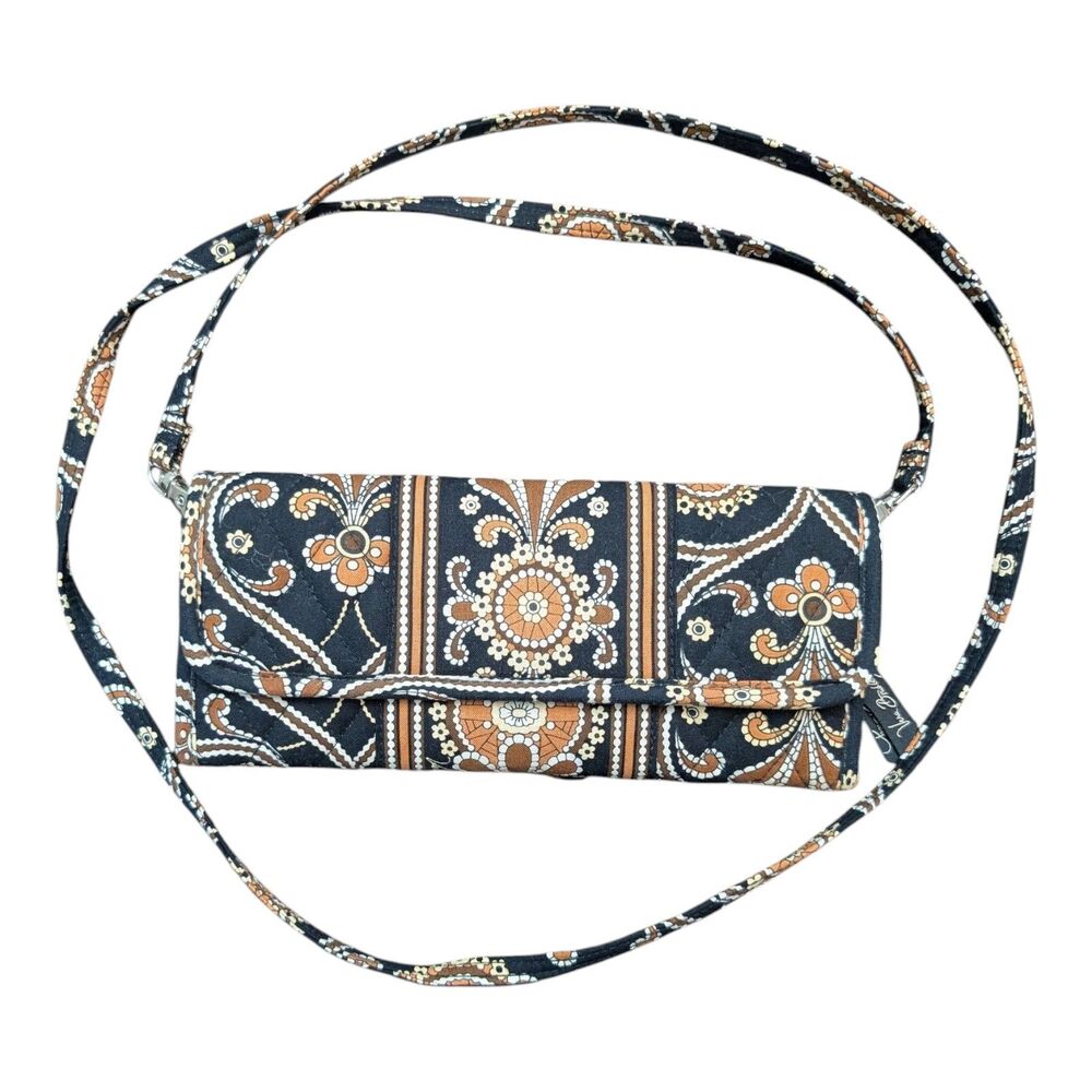 Vera Bradley Quilted Crossbody Wallet Clutch Black Brown Carnaby Multi-Pocket